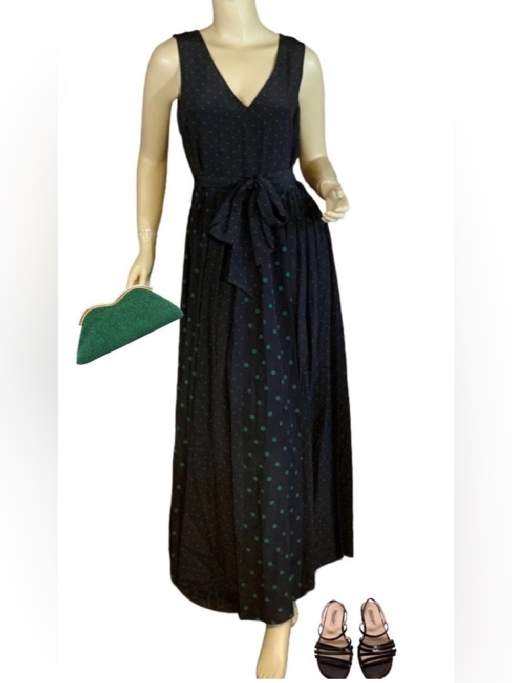 ELIE TAHARI BLACK W/ GREEN POLKADOTS BELTED SILK MAXI DRESS (2)